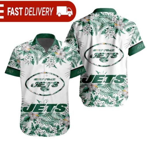 NFL New York Jets Tropical Floral Hibiscus Hawaiian Shirt - available at - sportfansshop.com