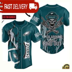 NFL Philadelphia Eagles Fxck Around And Find Out Custom Name Number Baseball Jersey - available at - sportfansshop.com