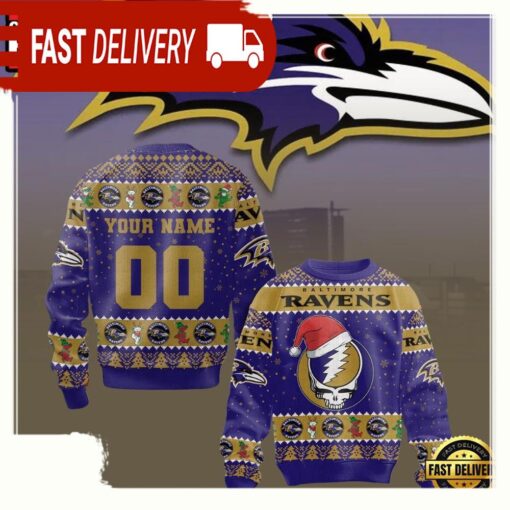 Personalized Baltimore Ravens NFL Grateful Dead Christmas Ugly Sweater - available at - sportfansshop.com