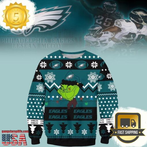 Philadelphia Eagles NFL Grinch Cunningly Smile Christmas Ugly Sweater - available at - sportfansshop.com