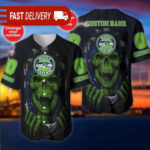 Seattle Seahawks Custom NFL Jersey Skull Personalized Baseball Jersey - available at - sportfansshop.com