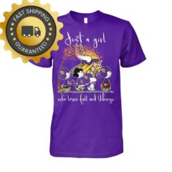 Snoopy Peanuts Just A Girl Who Love Fall And Minnesota Vikings Unisex Tshirt, NFL Gift for Fan - available at - sportfansshop.com