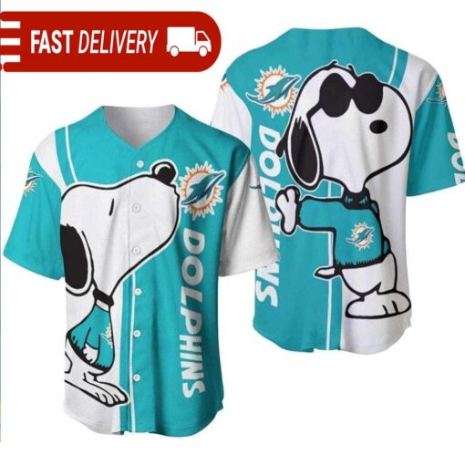 Snoopy Peanuts Miami Dolphins Baseball Jersey Funny Gift For NFL Fans - available at - sportfansshop.com